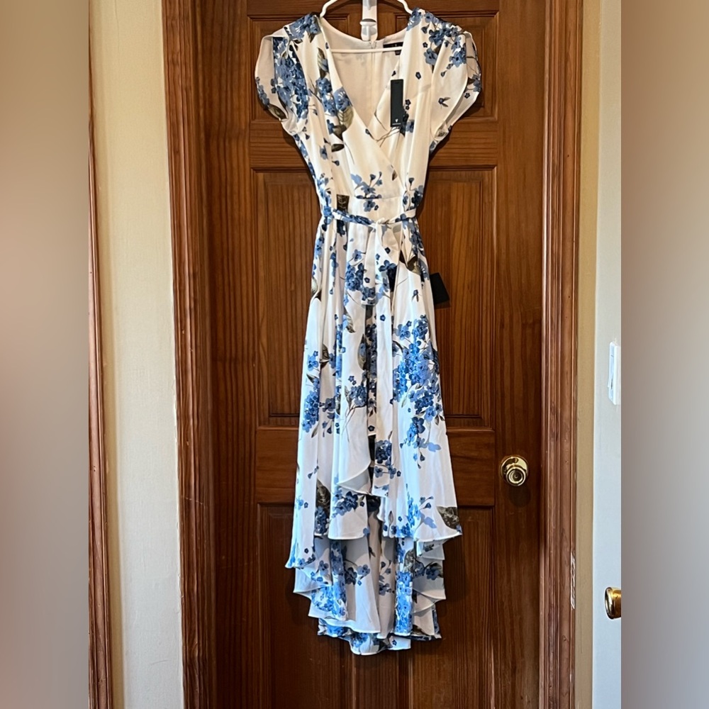 High low wrap dress from lulus blue and white floral